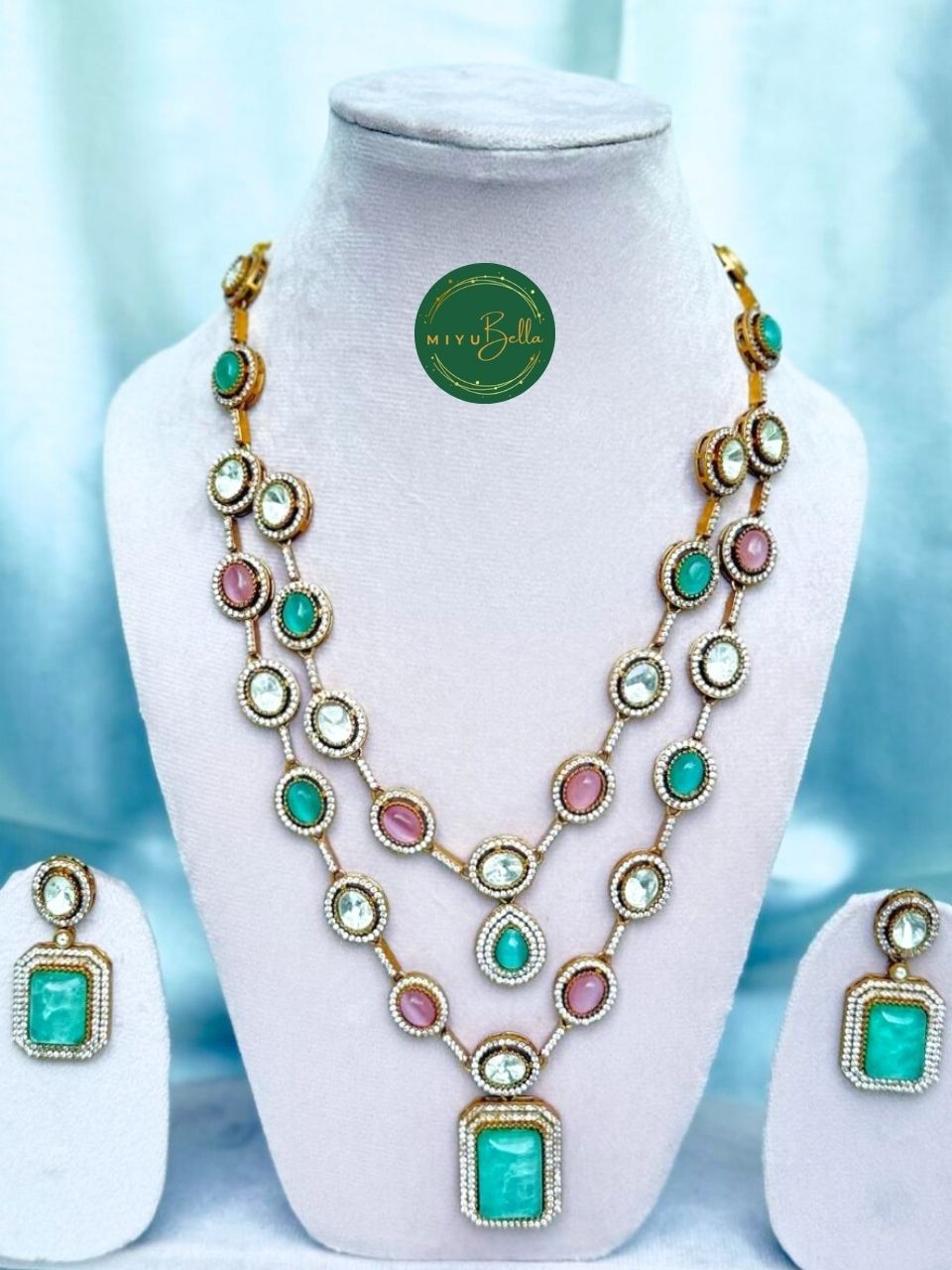 Aadhya - Cubic Zirconia and Moissanite Polki Long Necklace Set