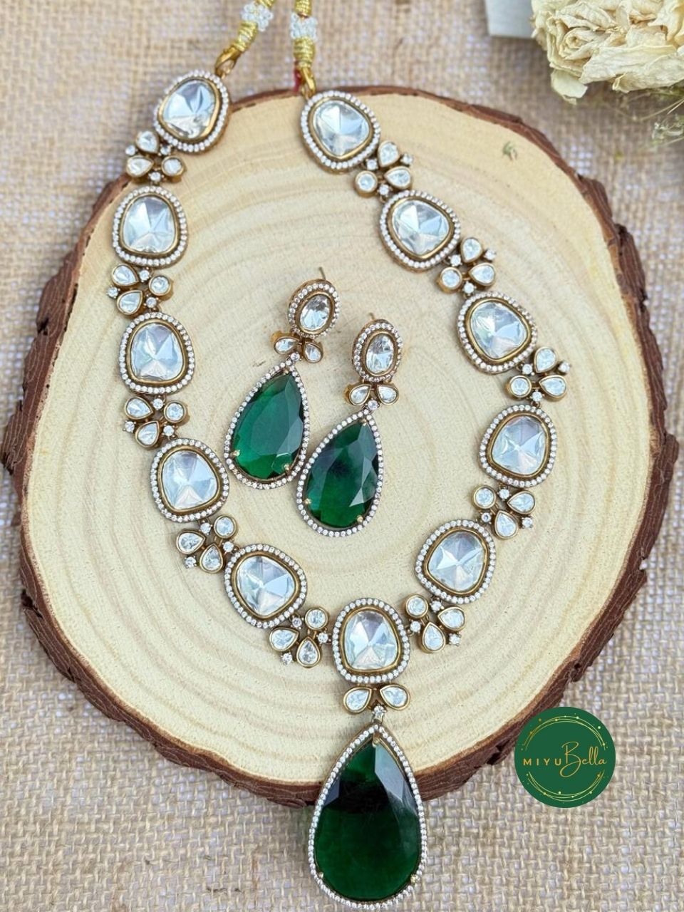 Aadhya: Moissanite Polki and Paachi Kundan Jewellery Set