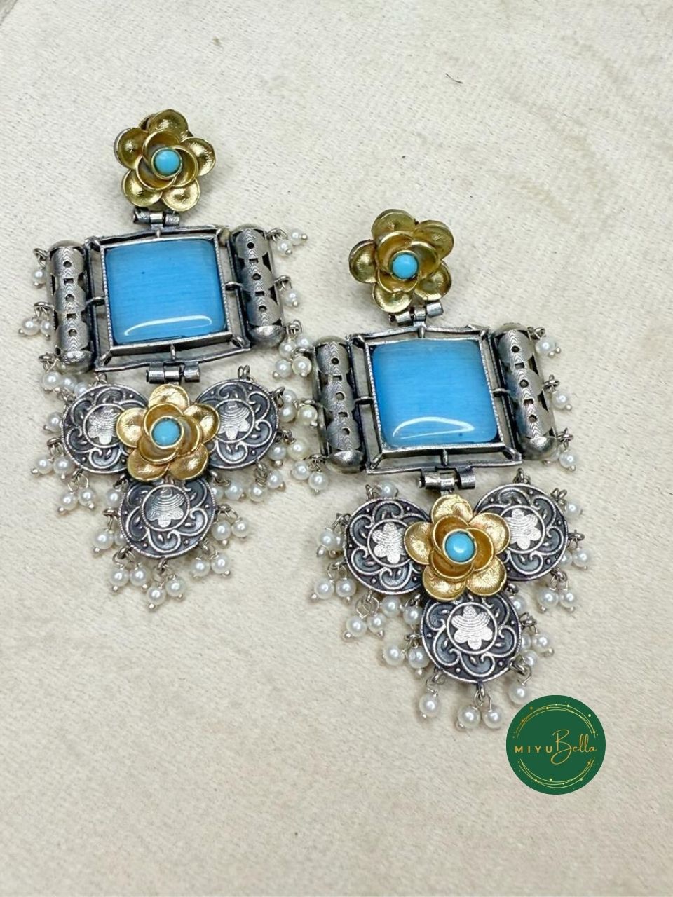 Deepika - Dual Tone Floral Earrings with Sky Blue Centerpiece
