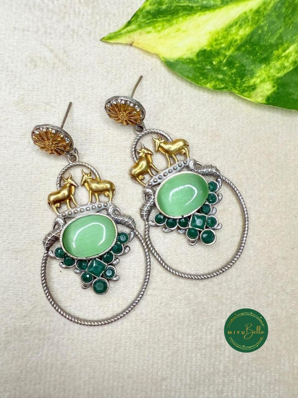 Deepika – Dual-Tone Antique Mint & Emerald Green Danglers