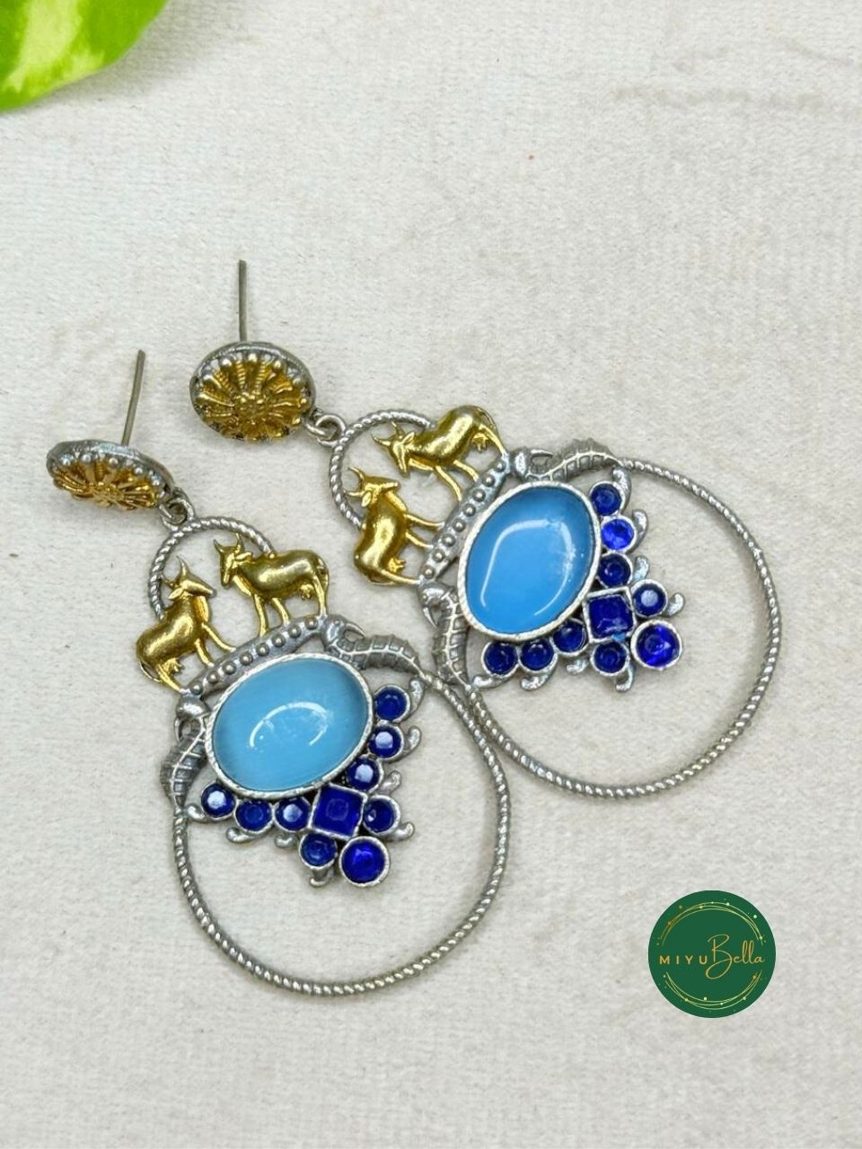 Deepika – Dual-Tone Antique Turquoise & Royal Blue Danglers