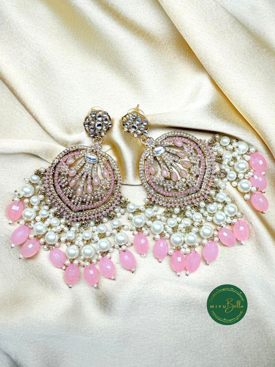 Diwani – Soft Pink Kundan Chandbalis in Antique Gold