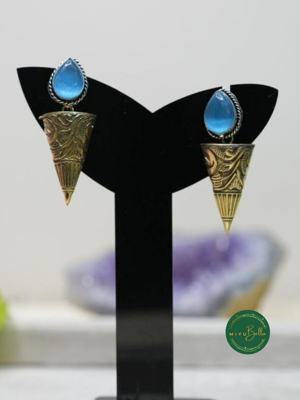 Garima – Sky Blue Stone Drop Earrings in Dual Tone Antique Finish