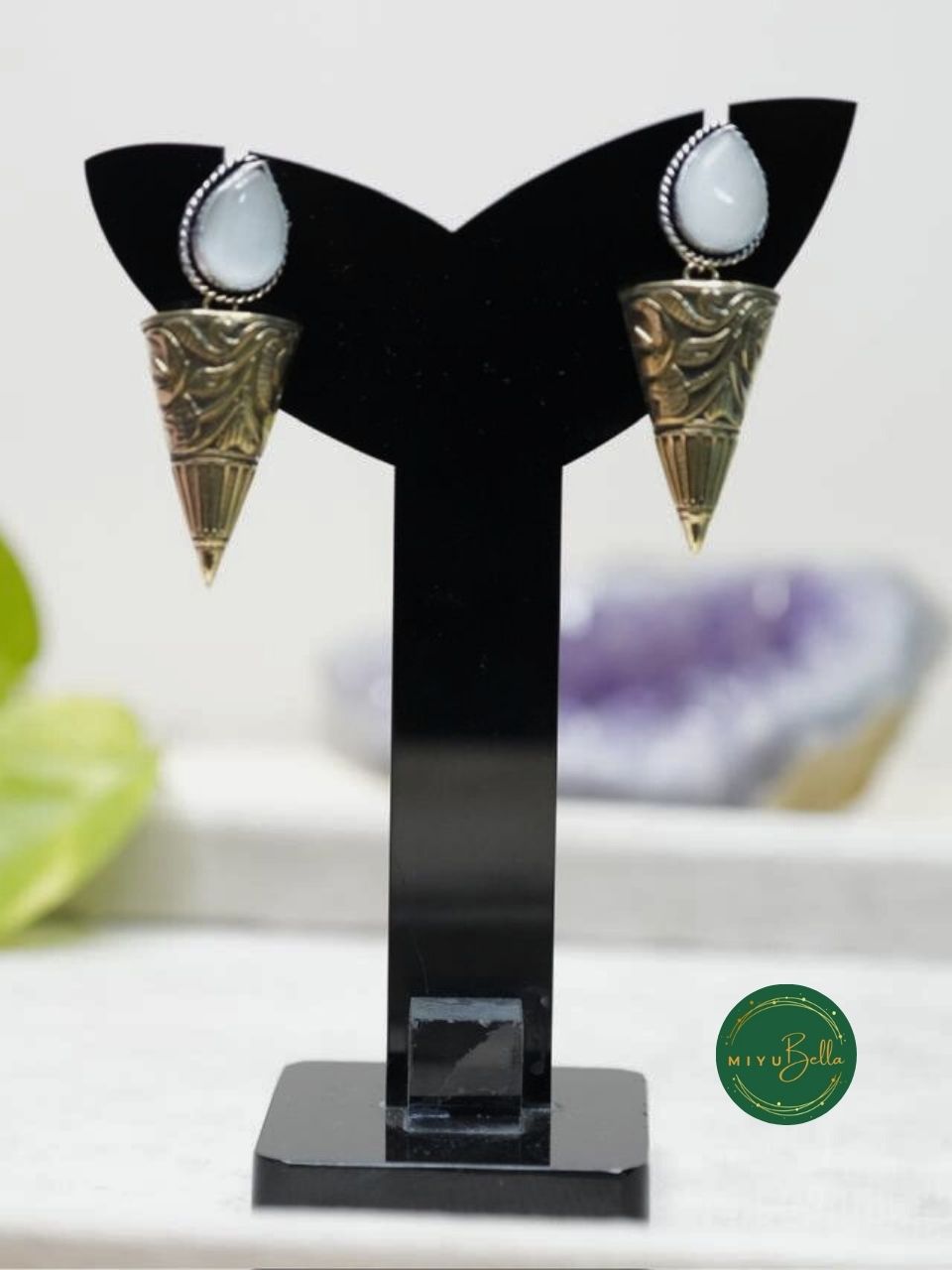 Garima – White Stone Drop Earrings in Dual Tone Antique Finish