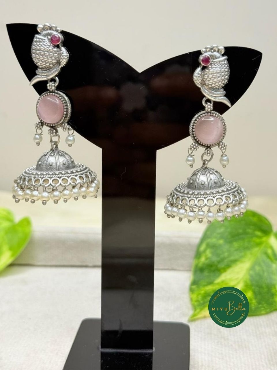 Kanak – Silver Finish Jhumkas with Pearls and Pink Stone Accents