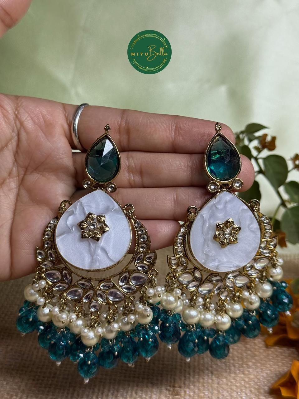 Noor Chandbali - Teal Green Kundan Earrings