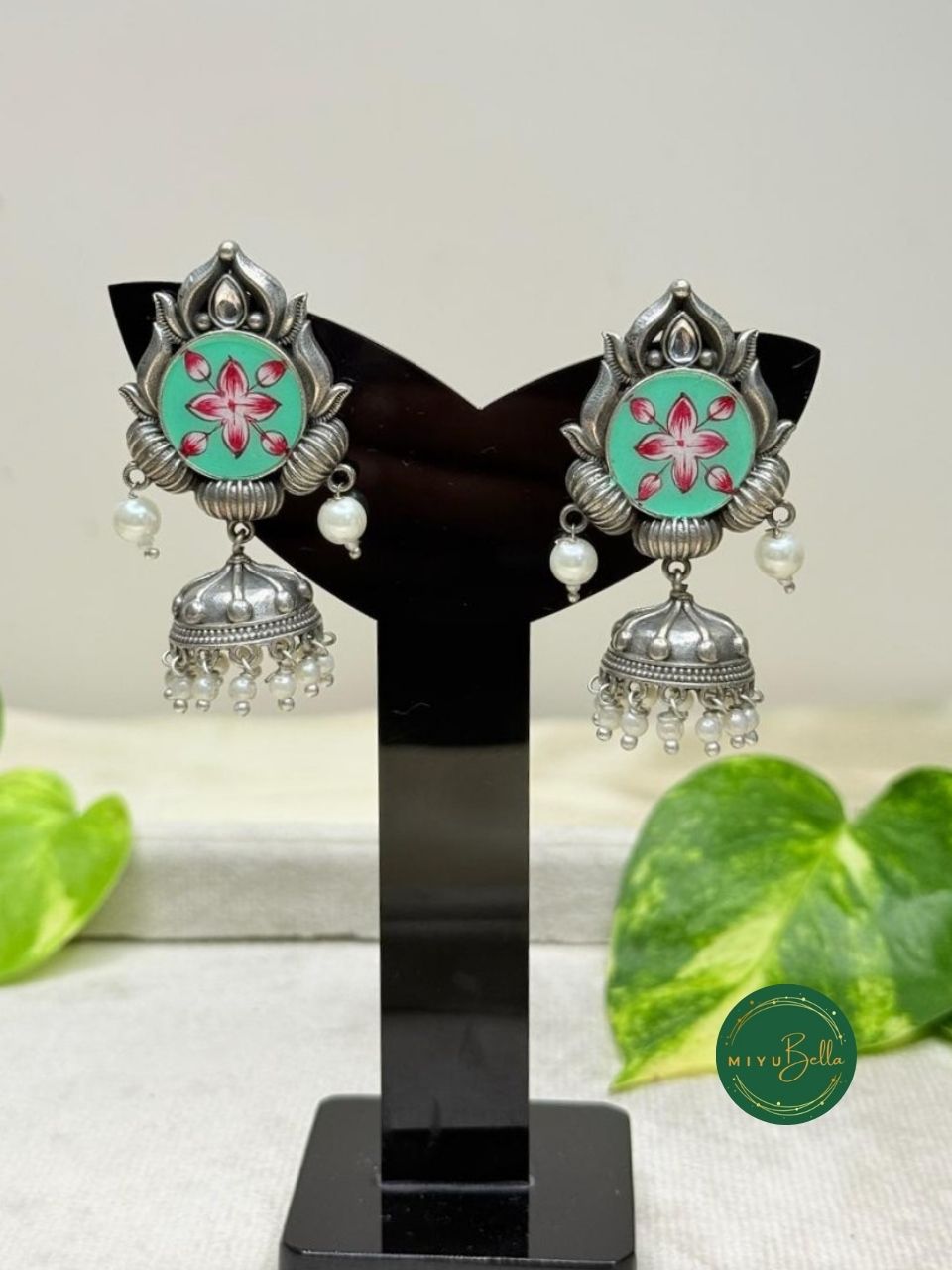 Rangrez - Hand-Painted Meenakari, Mint Green and Red Jhumkas