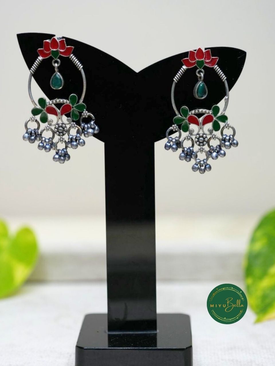 Garima - Red and Green Meenakari Brass Earrings with Metallic Beads
