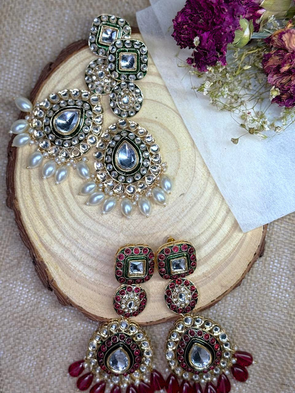 Ruhani - White and Green Kundan Meenakari Chandelier Earrings