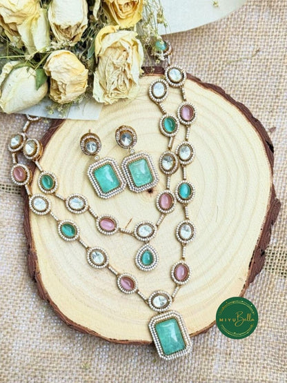 Aadhya - Cubic Zirconia and Moissanite Polki Long Necklace Set