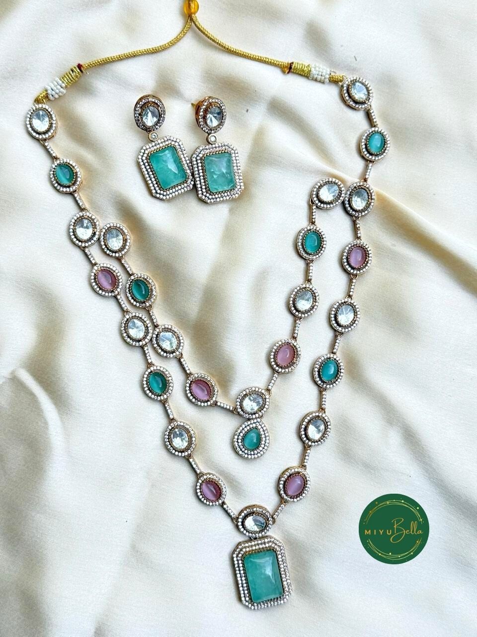 Aadhya - Cubic Zirconia and Moissanite Polki Long Necklace Set