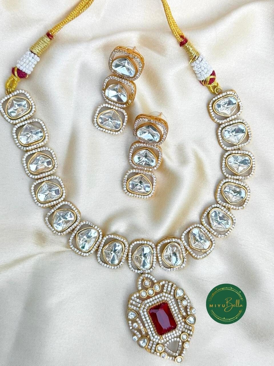 Aadhya - Regal Cubic Zirconia and Moissanite Polki Short Necklace