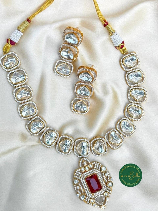 Aadhya - Regal Cubic Zirconia and Moissanite Polki Short Necklace