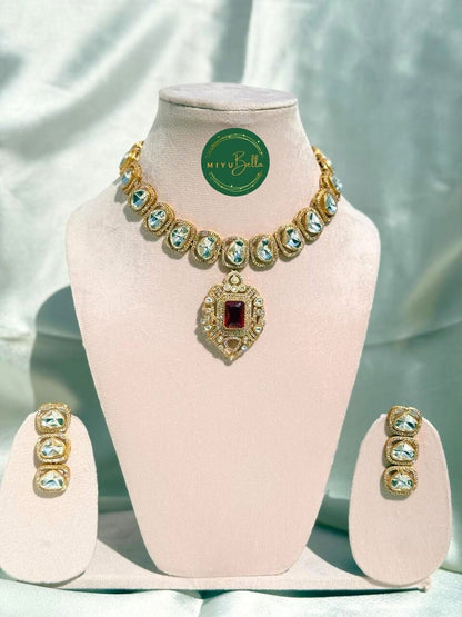 Aadhya - Regal Cubic Zirconia and Moissanite Polki Short Necklace