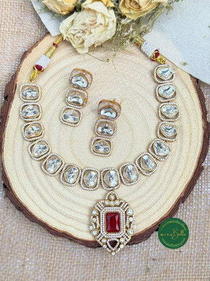 Aadhya - Regal Cubic Zirconia and Moissanite Polki Short Necklace