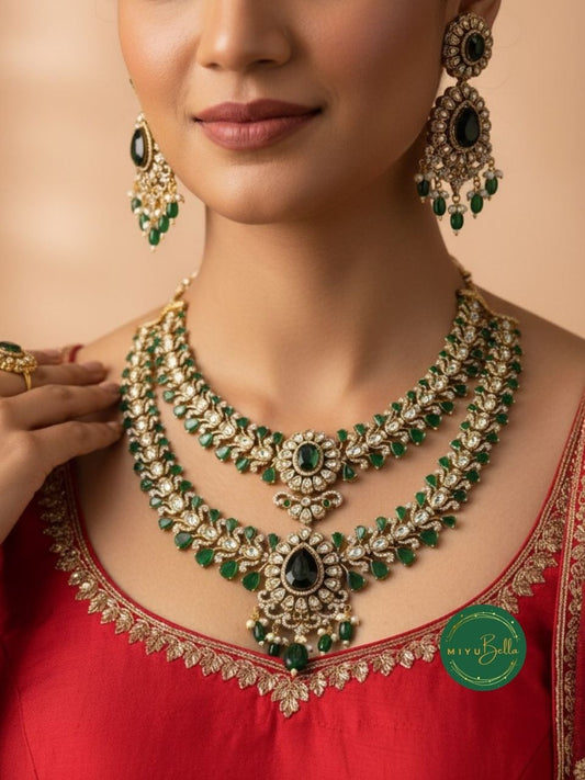 Aadhya - Moissanite Polki Emerald Layered Necklace Set