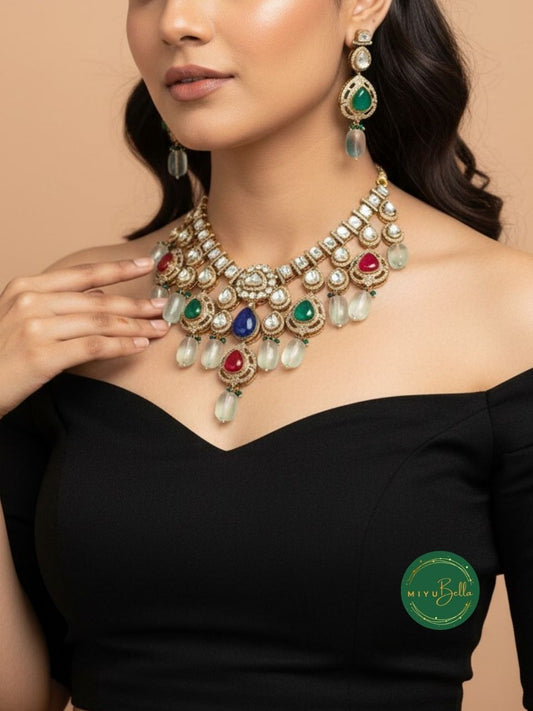 Aadhya: Dazzling Moissanite Polki and CZ Diamonds Jewellery Set
