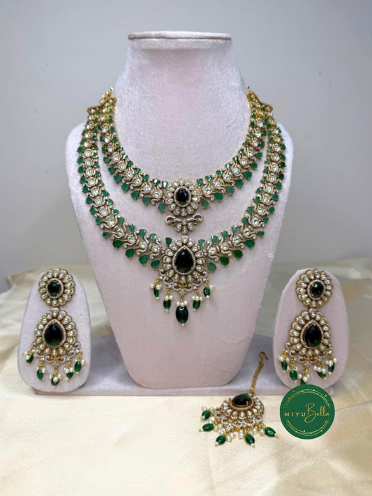 Aadhya Moissanite Polki Emerald Layered Necklace Set