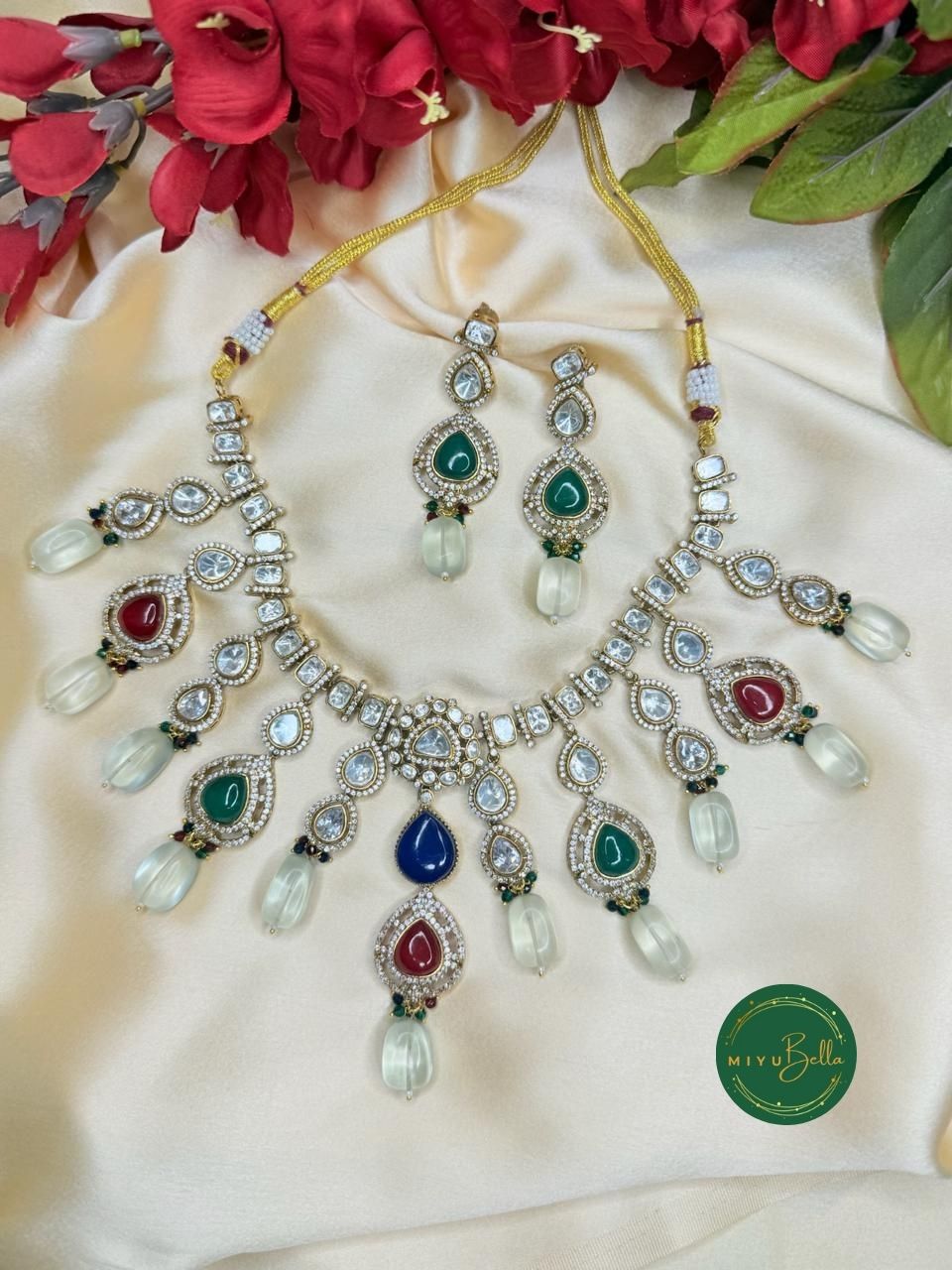 Aadhya: Dazzling Moissanite Polki and CZ Diamonds Jewellery Set