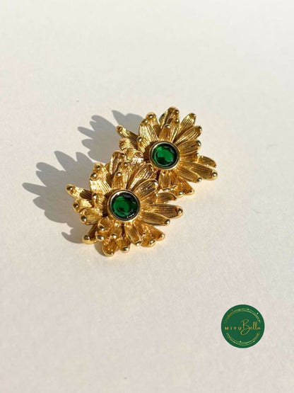 Aurelia – Gold-Tone Floral Stud Earrings with Green Stone