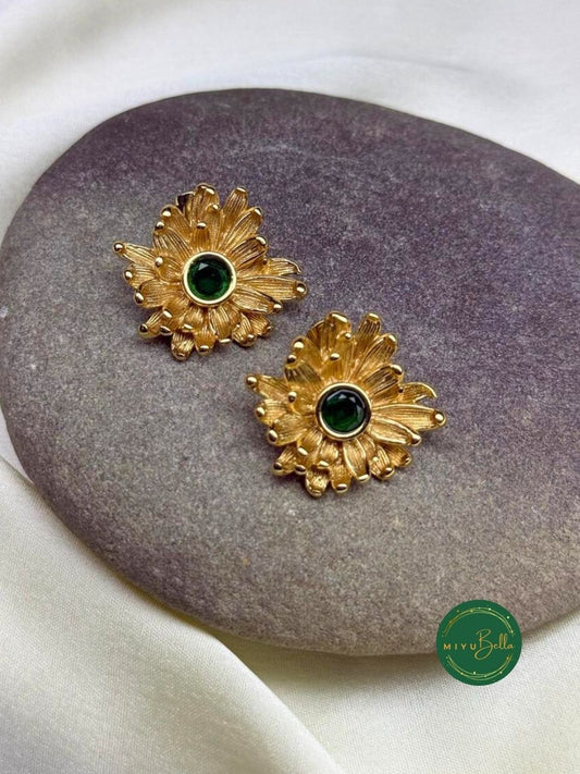 Aurelia – Gold-Tone Floral Stud Earrings with Green Stone
