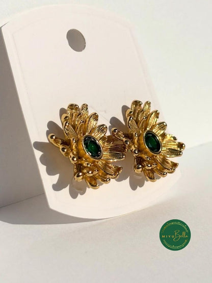 Aurelia – Gold-Tone Floral Stud Earrings with Green Stone