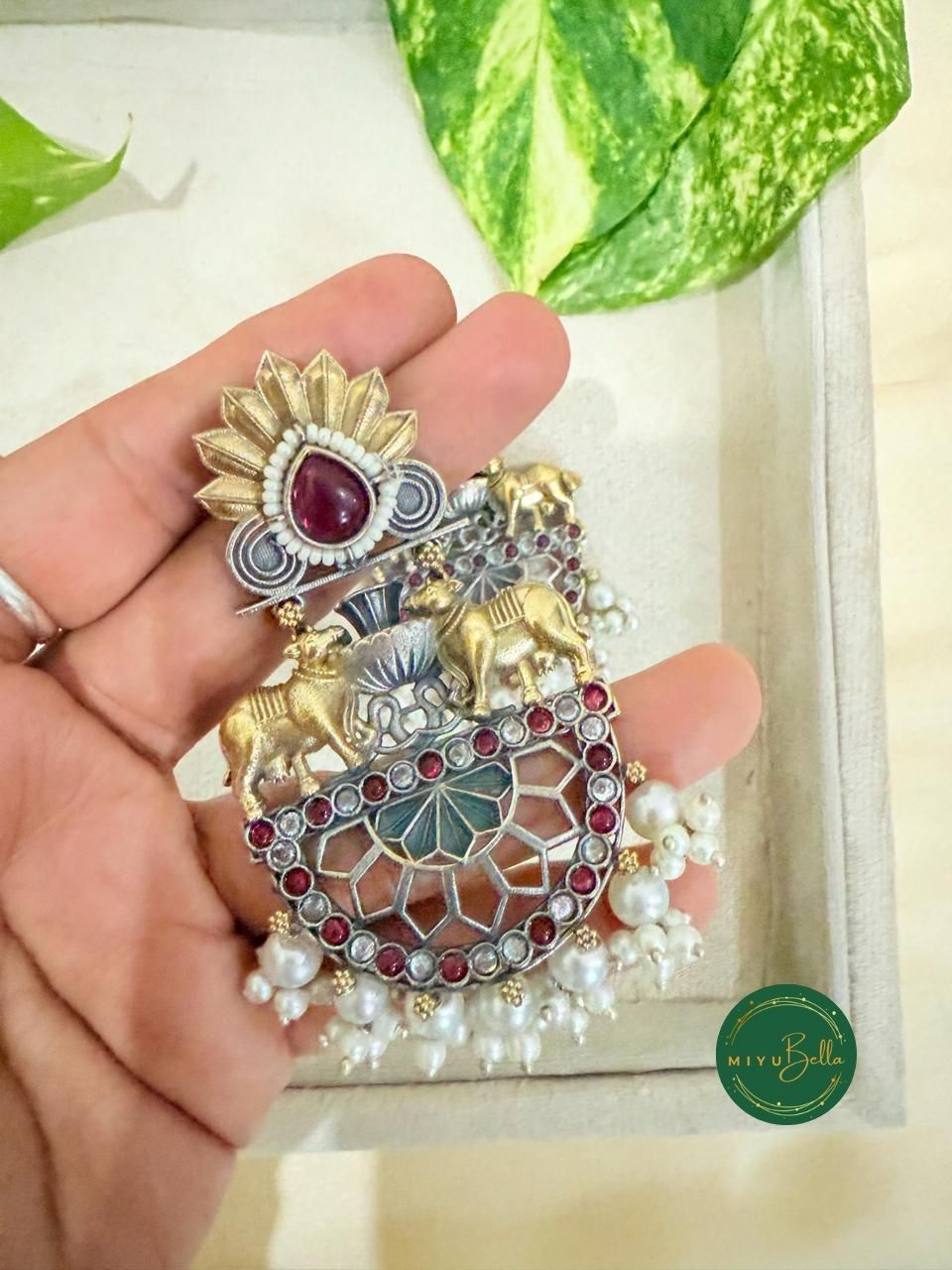 Deepika - Dual Tone Antique Finish Ruby Red Dangler