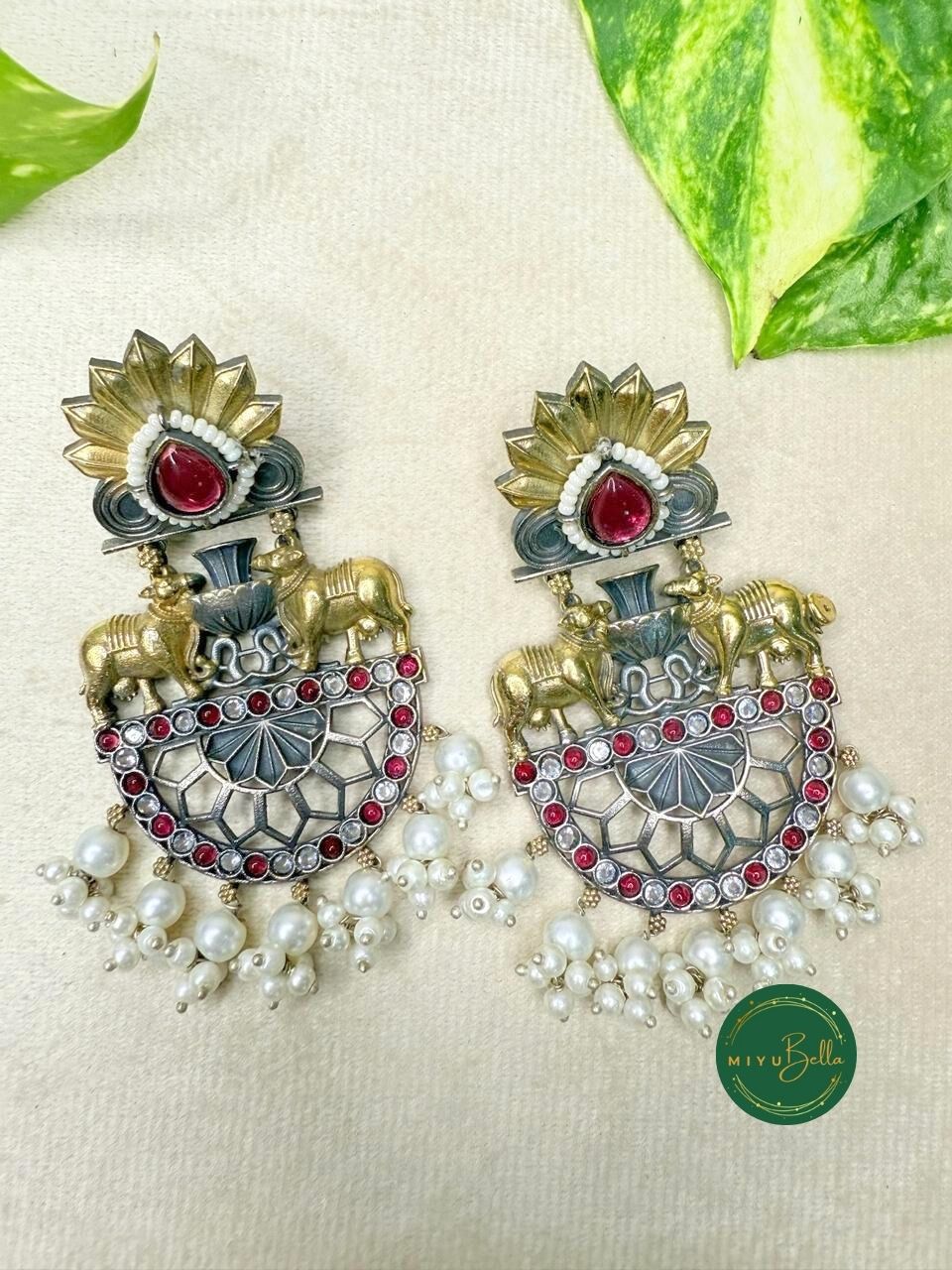 Deepika - Dual Tone Antique Finish Ruby Red Dangler