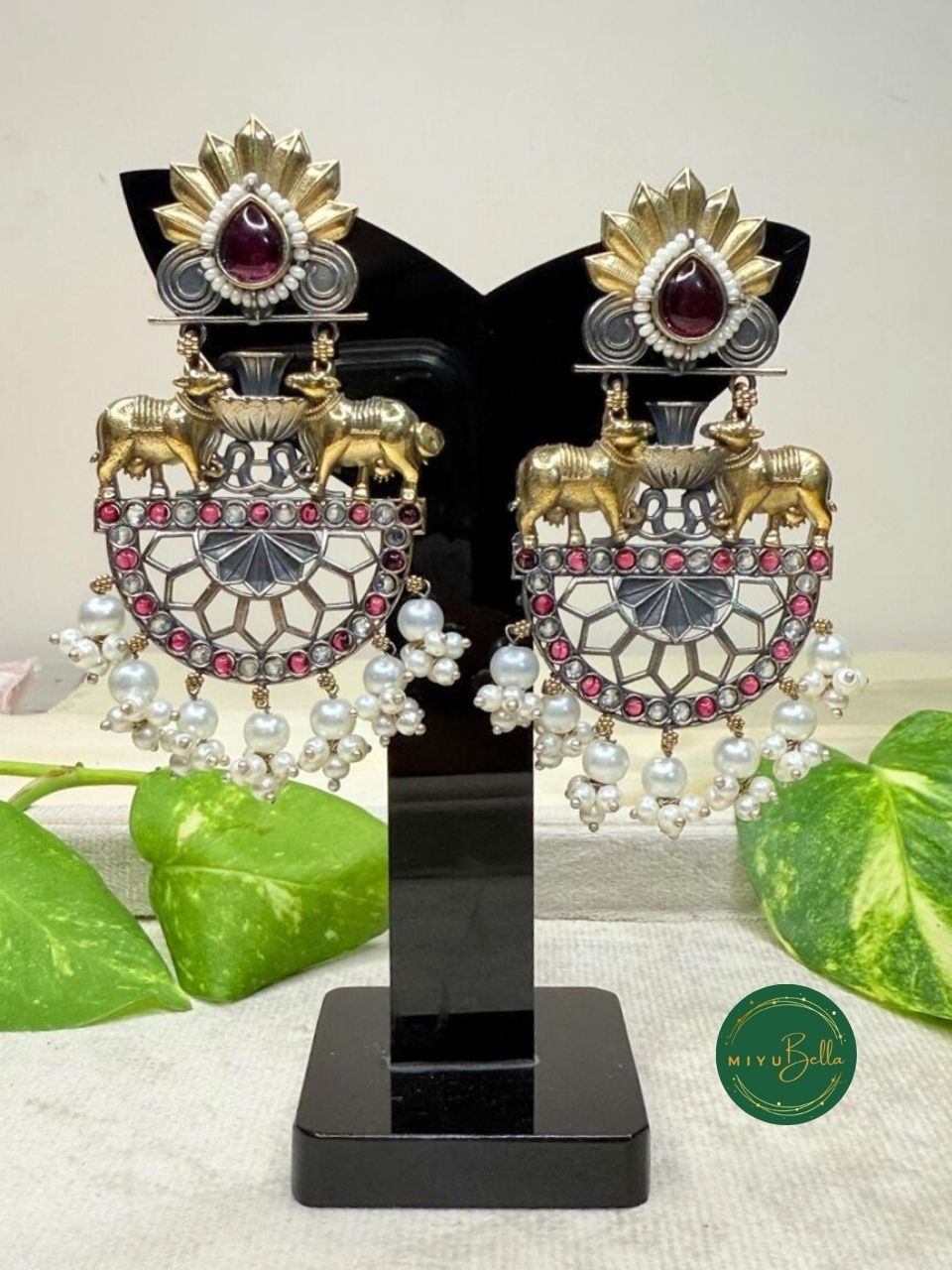 Deepika - Dual Tone Antique Finish Ruby Red Dangler