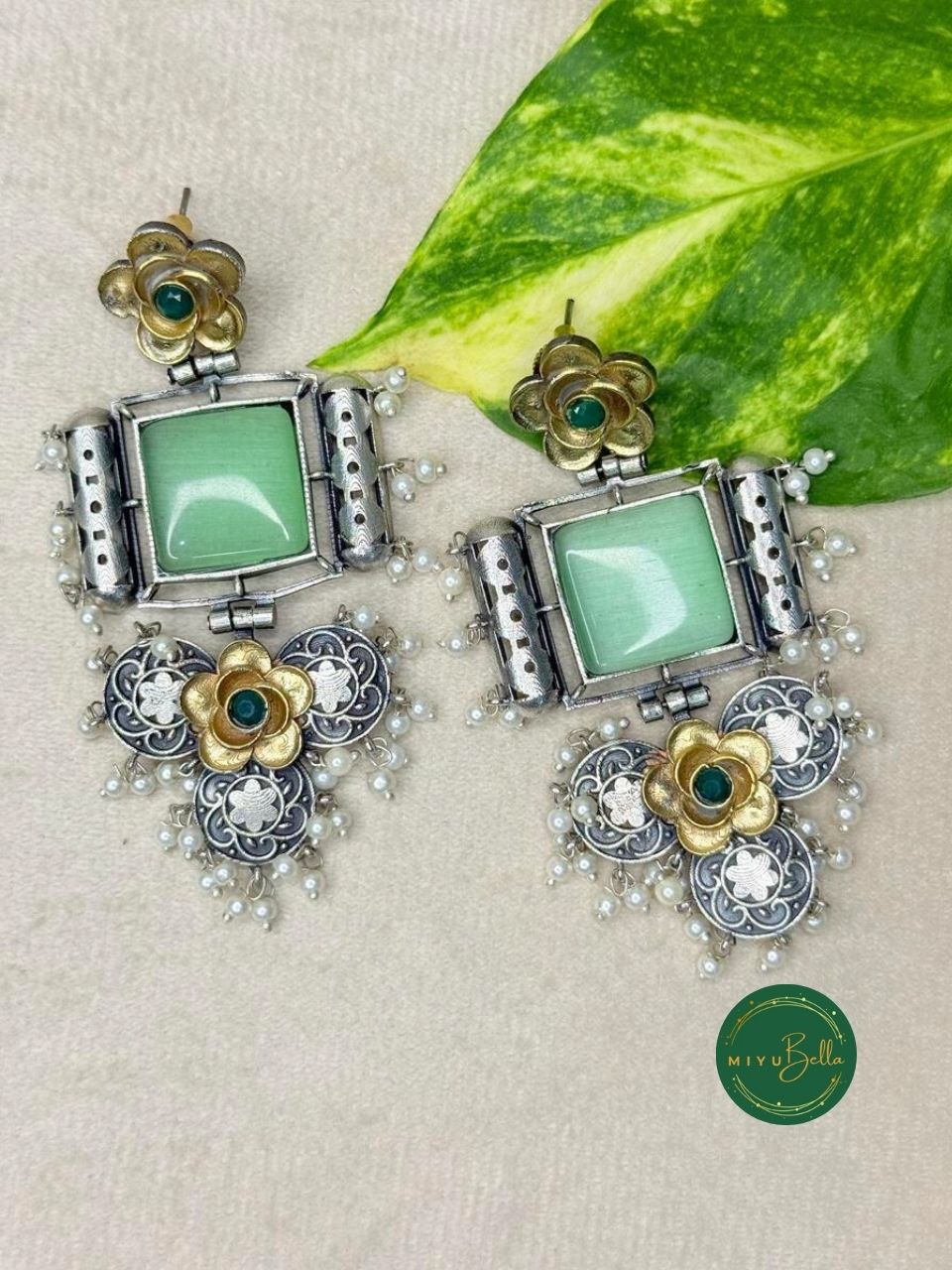 Deepika - Dual Tone Floral Earrings with a Mint Green Centerpiece