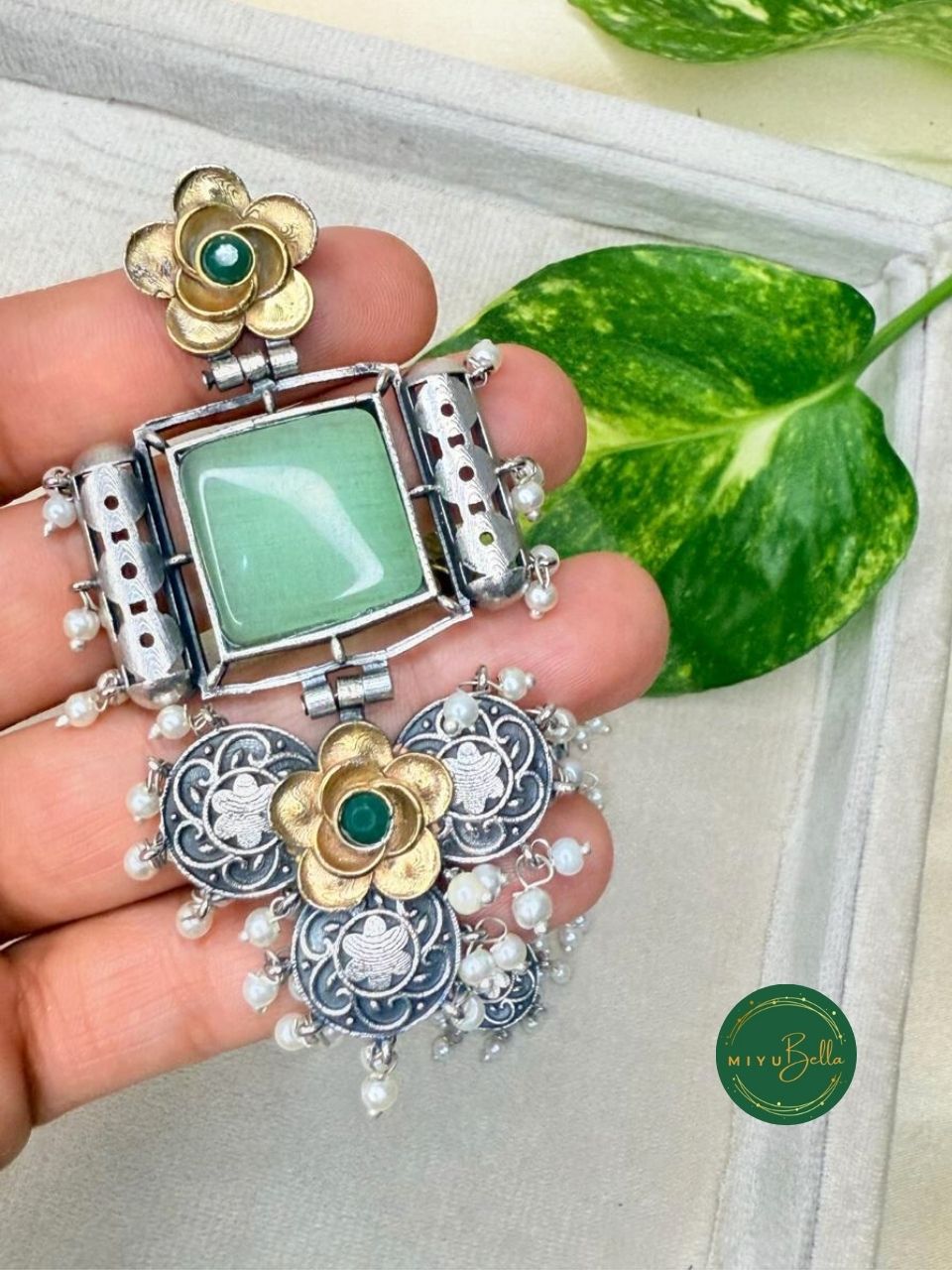 Deepika - Dual Tone Floral Earrings with a Mint Green Centerpiece