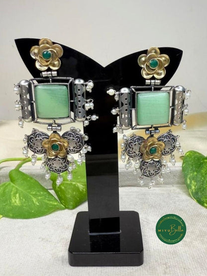 Deepika - Dual Tone Floral Earrings with a Mint Green Centerpiece