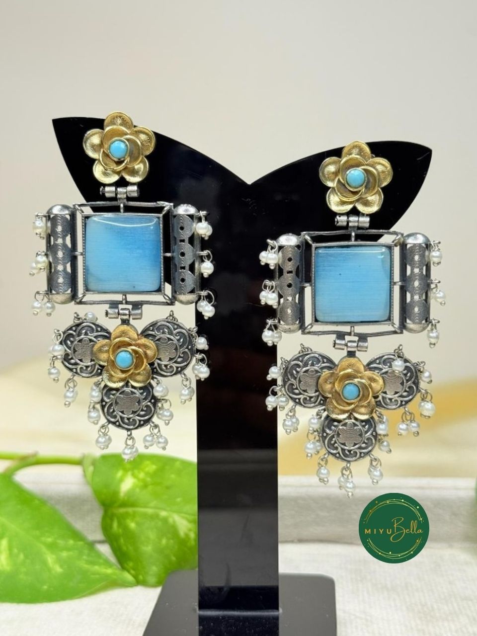 Deepika - Dual Tone Floral Earrings with Sky Blue Centerpiece