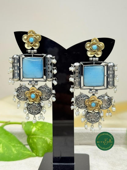 Deepika - Dual Tone Floral Earrings with Sky Blue Centerpiece