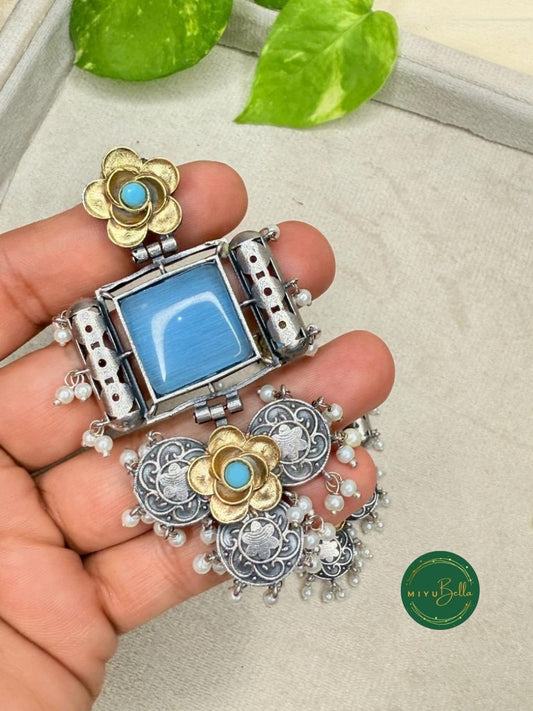 Deepika - Dual Tone Floral Earrings with Sky Blue Centerpiece