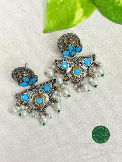 Deepika - Turquoise Blue Floral Motif Dangler Earrings