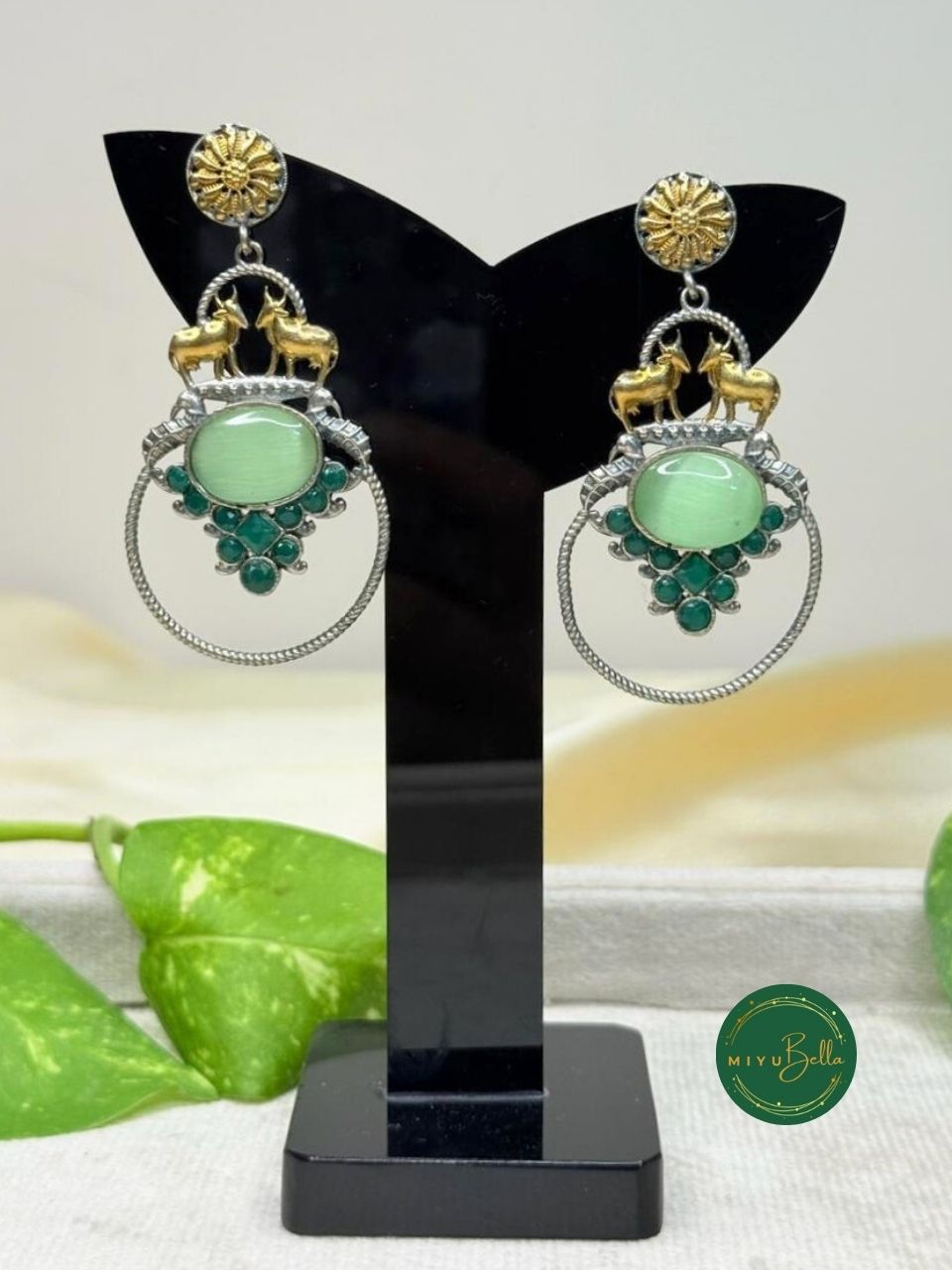Deepika – Dual-Tone Antique Mint & Emerald Green Danglers
