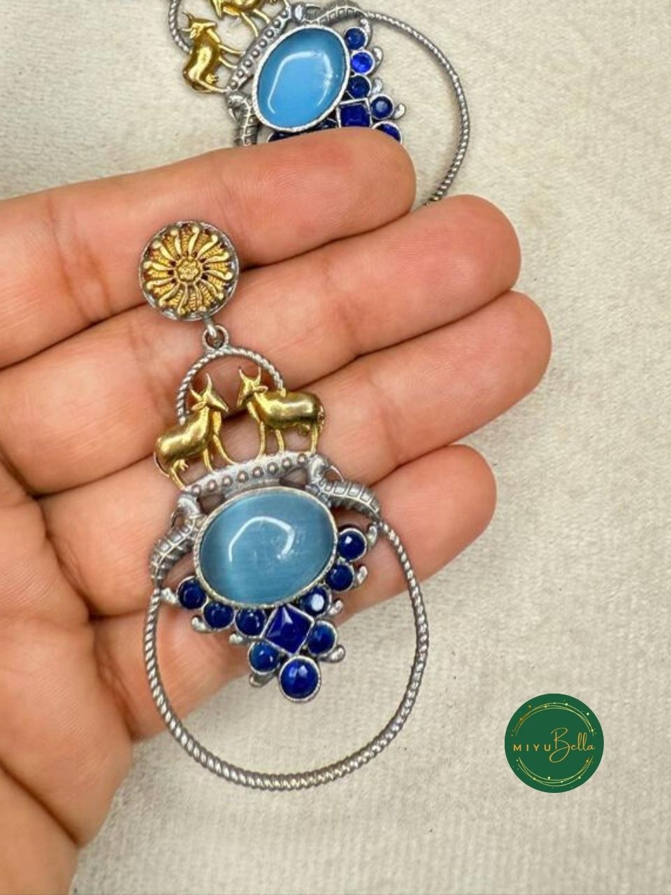 Deepika – Dual-Tone Antique Turquoise & Royal Blue Danglers