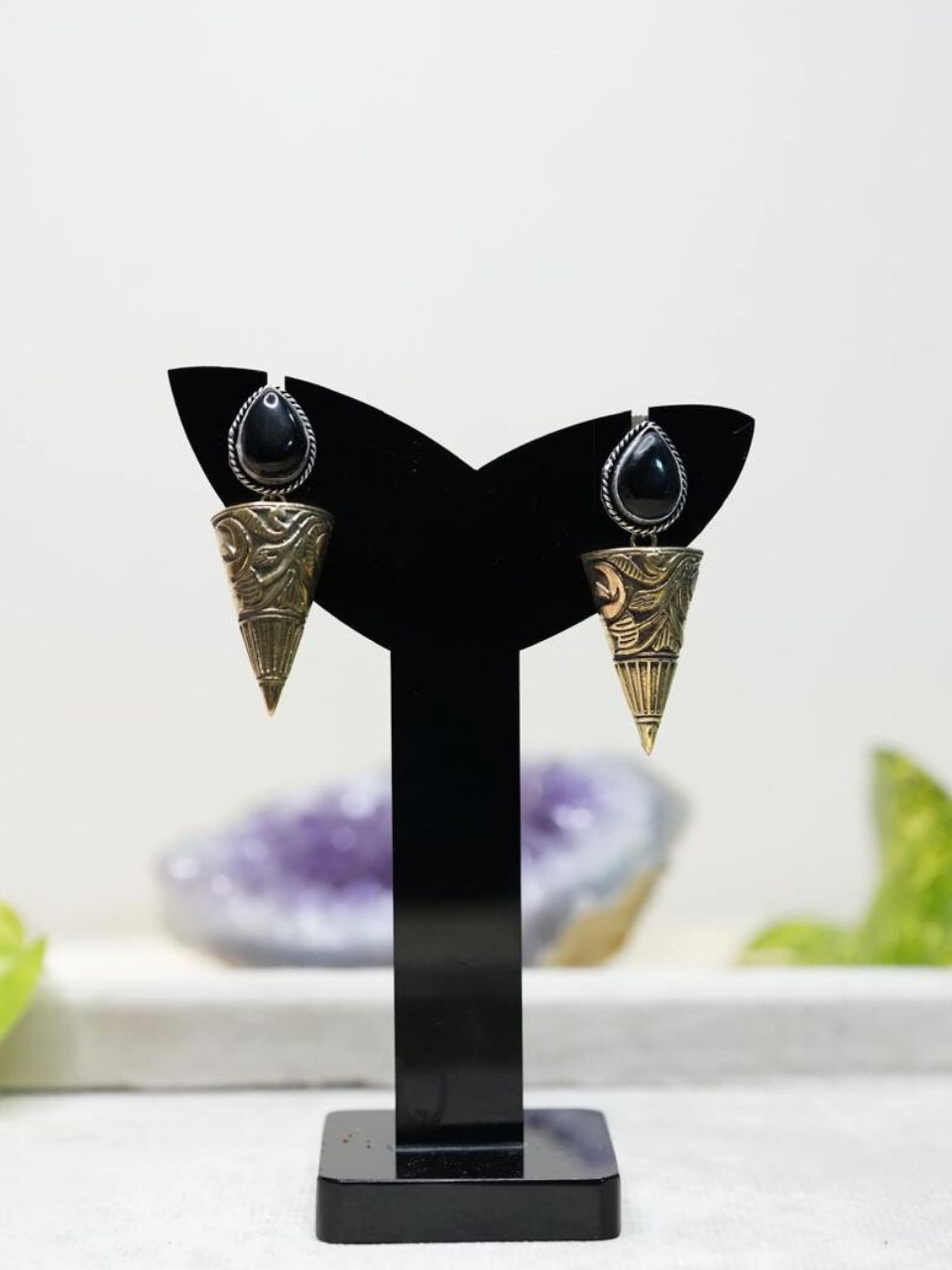 Garima – Black Stone Drop Earrings in Dual Tone Antique Finish