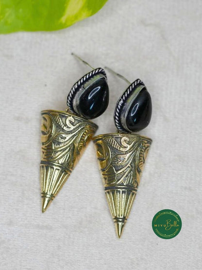 Garima – Black Stone Drop Earrings in Dual Tone Antique Finish