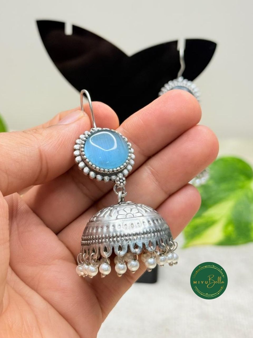 Gunjan – Silver Finish Jhumkas with Pearls and Stones