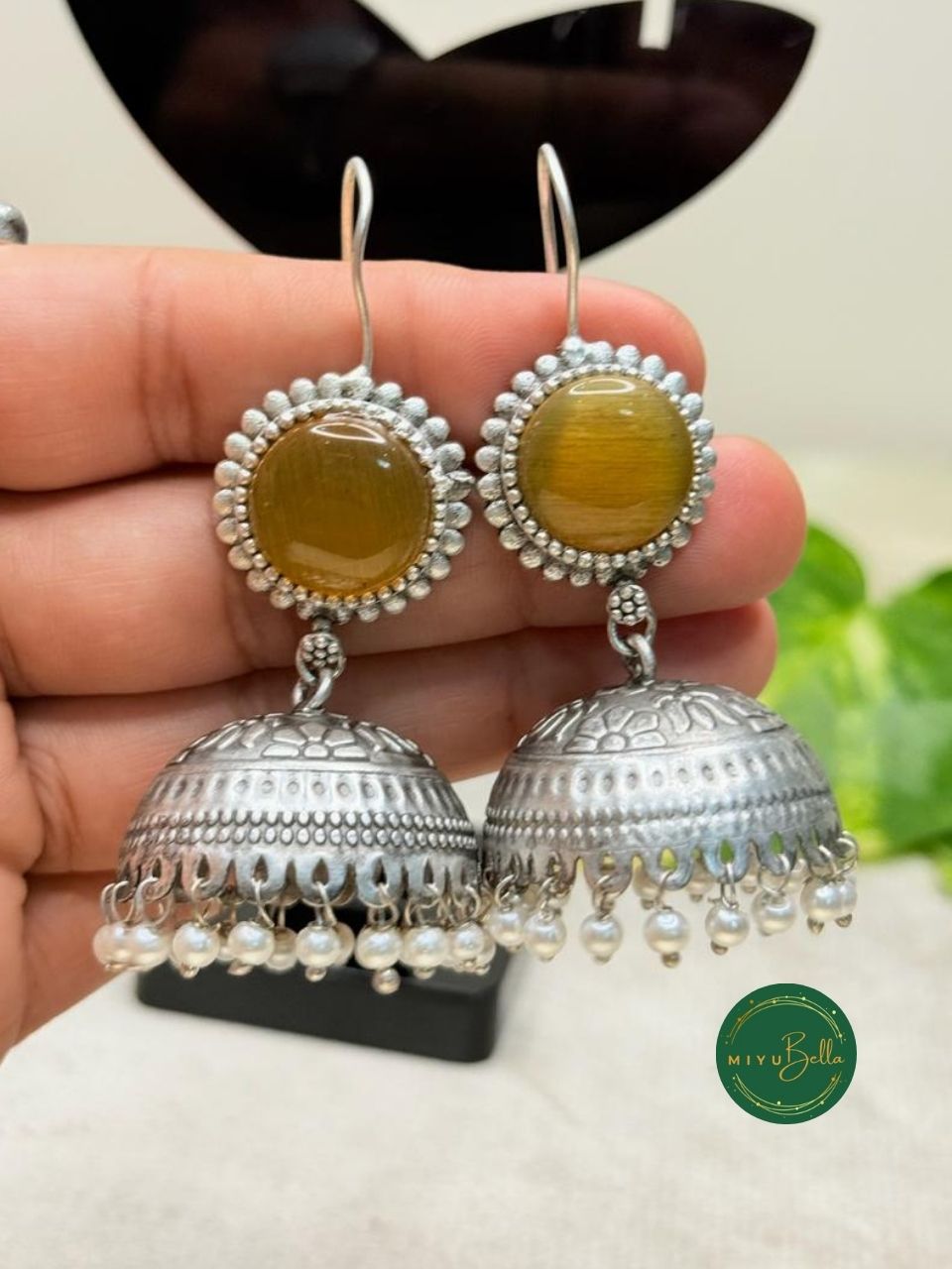 Gunjan – Silver Finish Jhumkas with Pearls and Stones