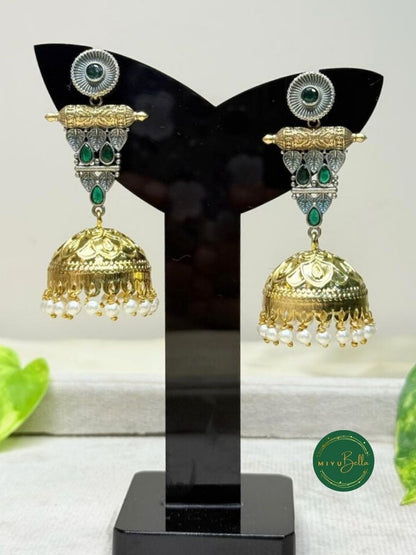 Himani - Antique Dual-Tone Jhumkas with Embossed Dome