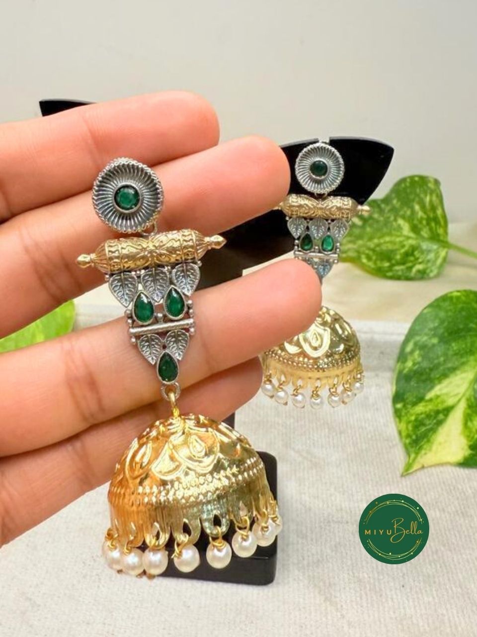 Himani - Antique Dual-Tone Jhumkas with Embossed Dome