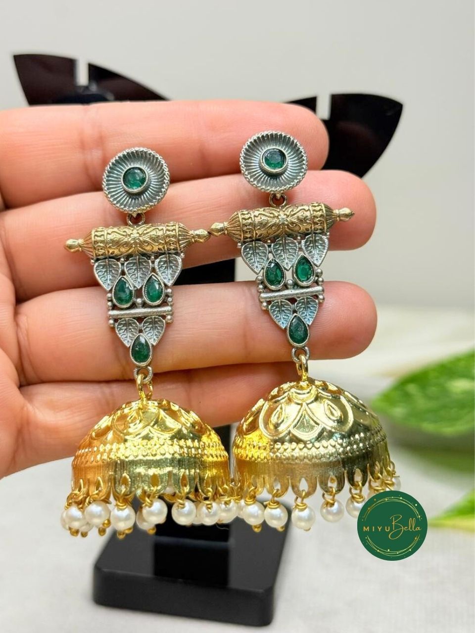 Himani - Antique Dual-Tone Jhumkas with Embossed Dome