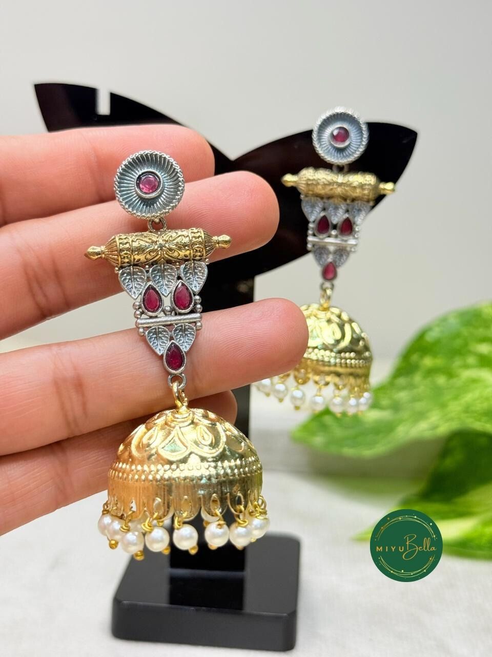 Himani - Antique Dual-Tone Jhumkas with Embossed Dome