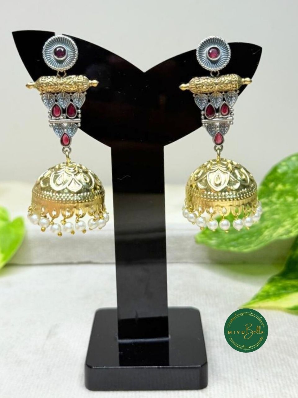 Himani - Antique Dual-Tone Jhumkas with Embossed Dome