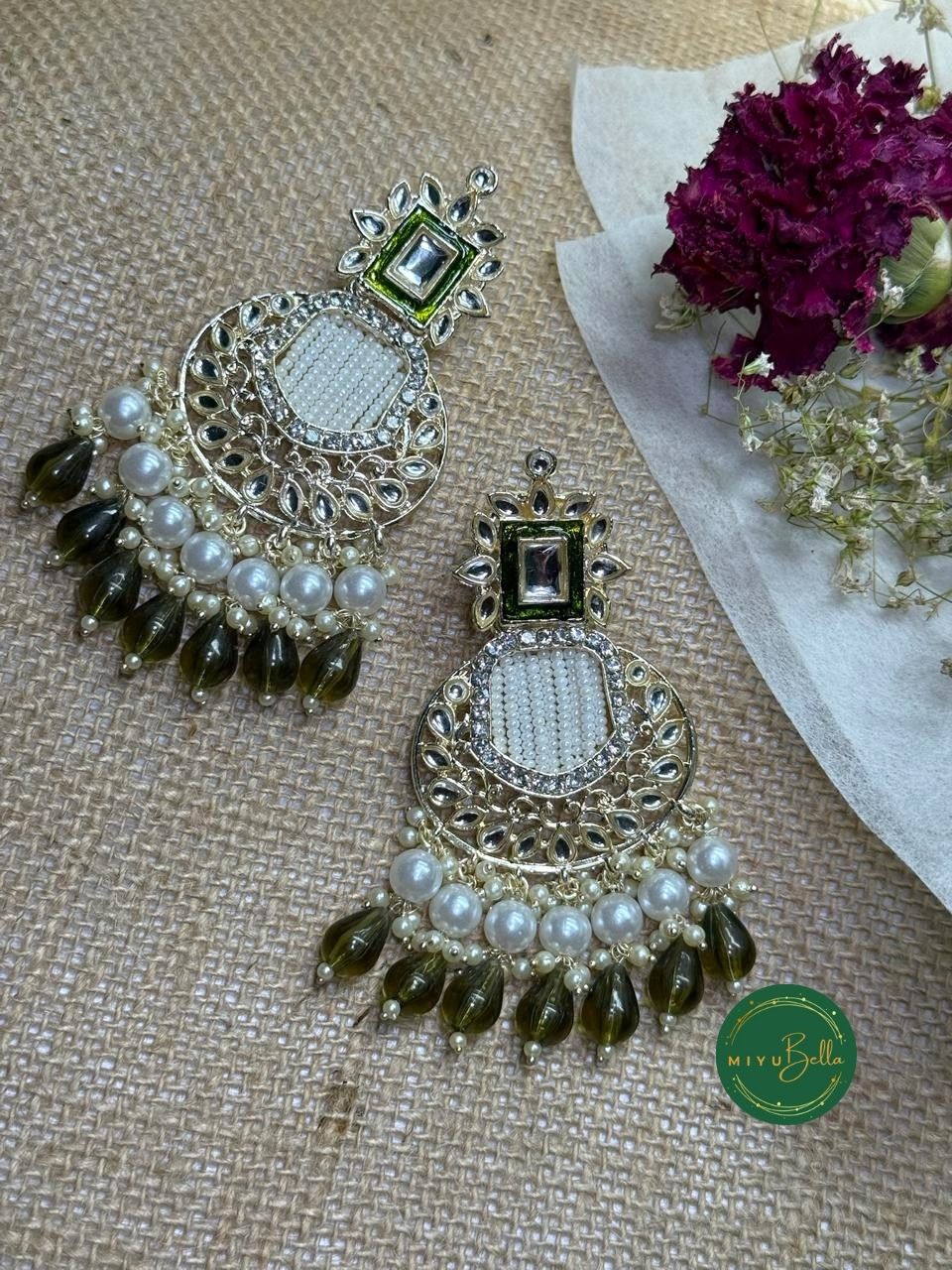 Inaya Chandbali - Green Kundan and Meenakari Earrings