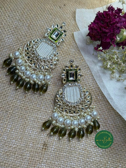 Inaya Chandbali - Green Kundan and Meenakari Earrings