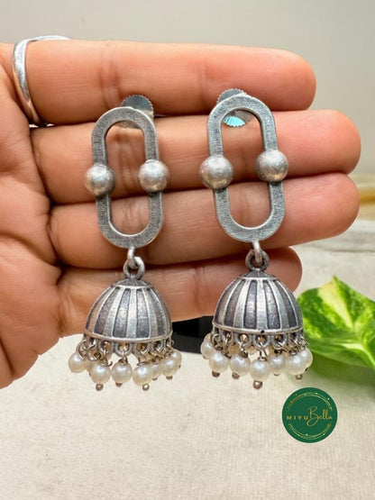 Isha - Silver Finish Pearl Drop Jhumka Earrings